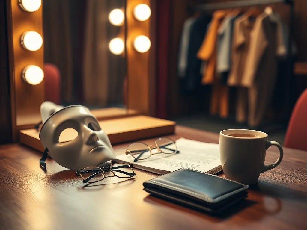 Skromna garderoba teatralna z maską, scenariuszem i portfelem, symbolizująca codzienność i zarobki aktora w teatrze