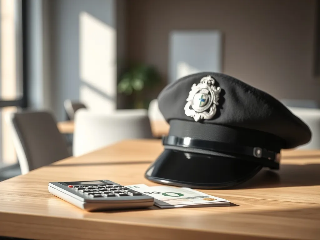 Czysta czapka i odznaka policjanta obok euro i kalkulatora, symbolizujące zarobki początkującego funkcjonariusza