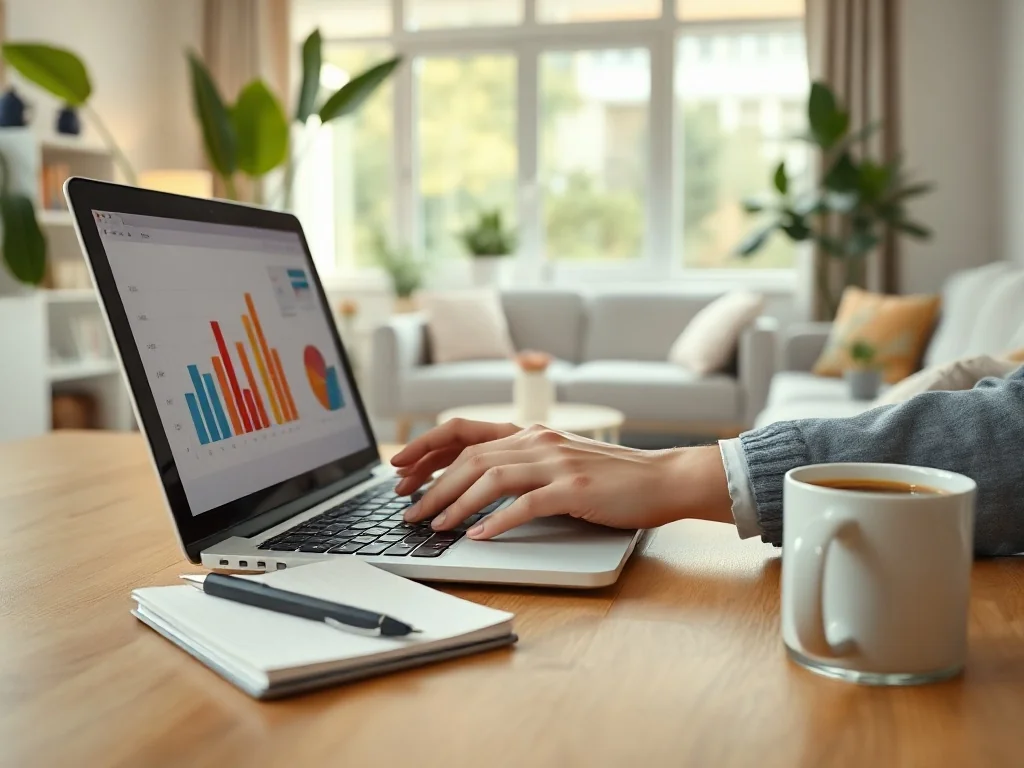 Osoba porównuje oferty ubezpieczeń na życie na laptopie w spokojnym, jasnym domowym otoczeniu.