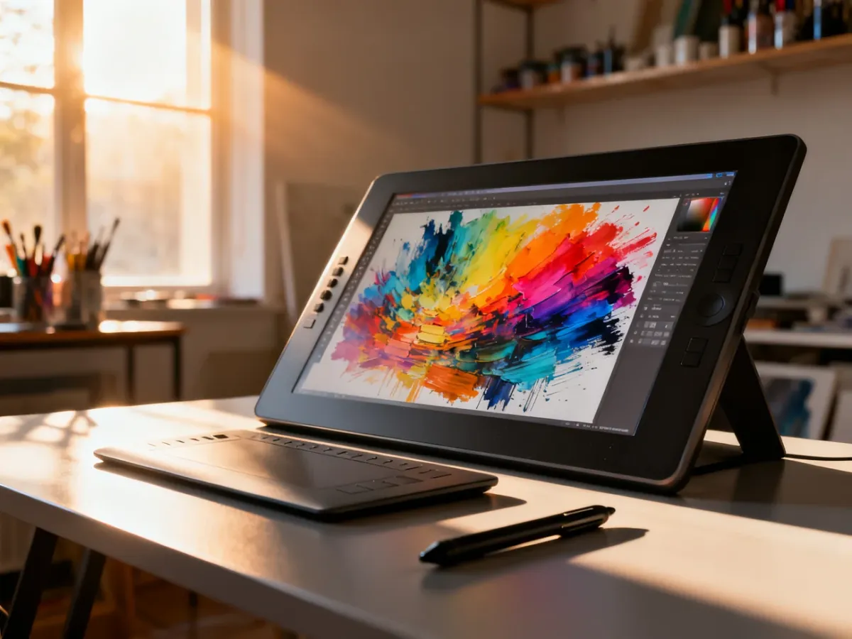 Profesjonalne stanowisko pracy grafika z tabletem i tworzoną na ekranie abstrakcyjną ilustracją w programie Photoshop.