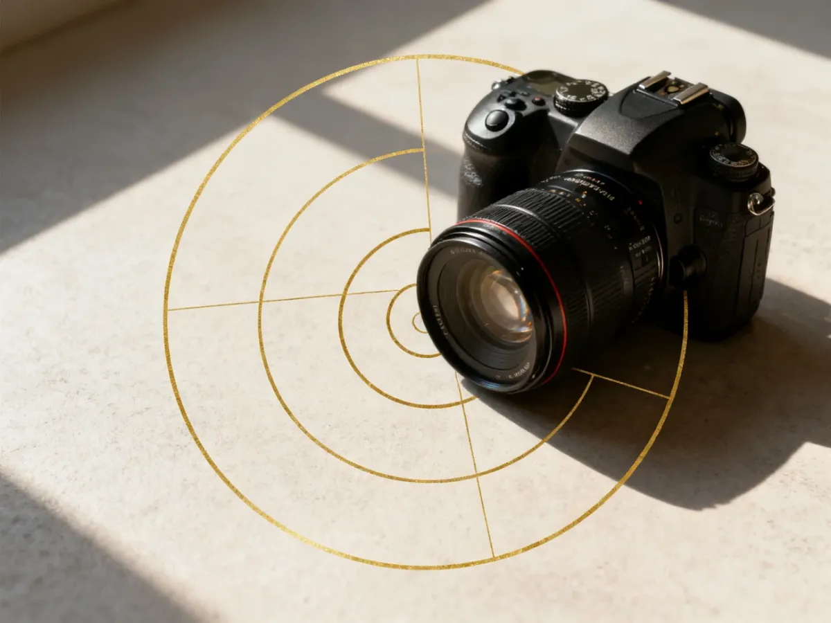 Spiralna złota proporcja nałożona na profesjonalny obiektyw, ilustrująca zasady kompozycji w fotografii.