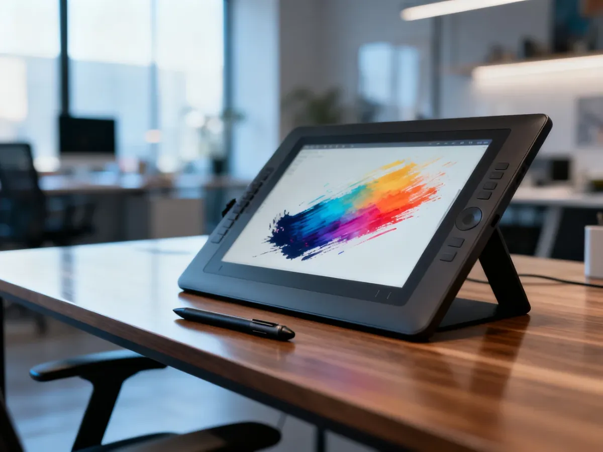 Tablet graficzny z rysikiem na biurku, gotowy do pracy z pędzlami w programie Photoshop.