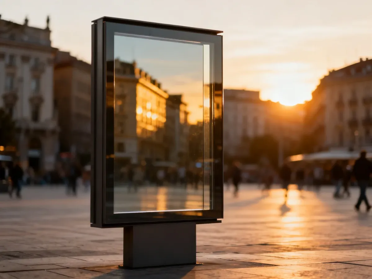 Nowoczesny, minimalistyczny billboard reklamowy na tle rozmytego miejskiego krajobrazu w świetle zachodzącego słońca.