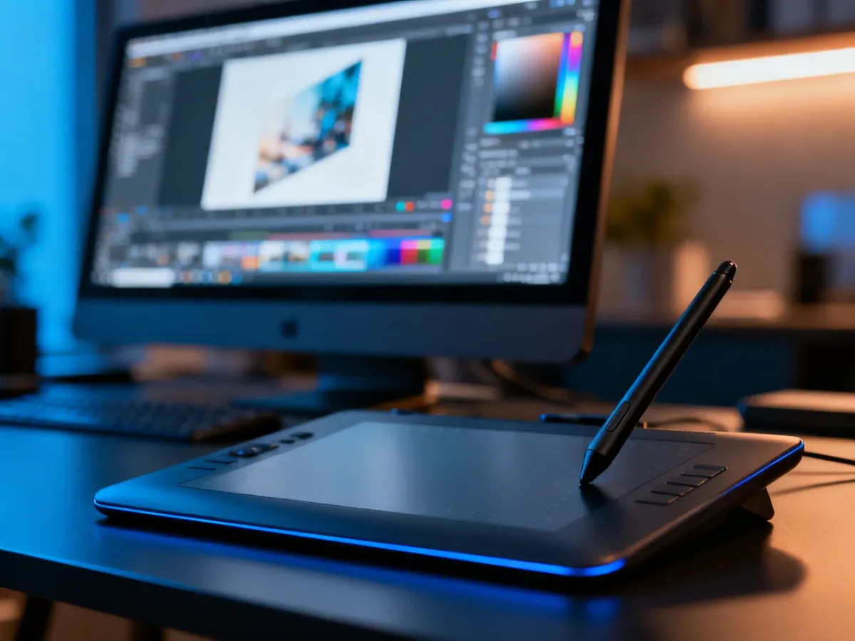 Profesjonalne stanowisko pracy grafika z tabletem piórkowym i monitorem z otwartym programem do edycji zdjęć.