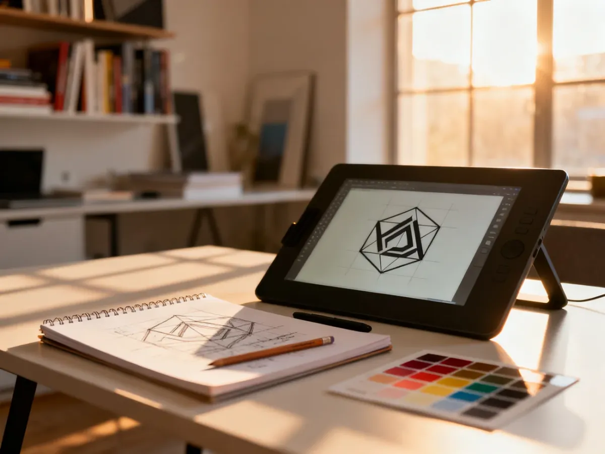 Profesjonalne stanowisko pracy grafika z tabletem graficznym, szkicownikiem i paletą barw do projektowania logotypów.