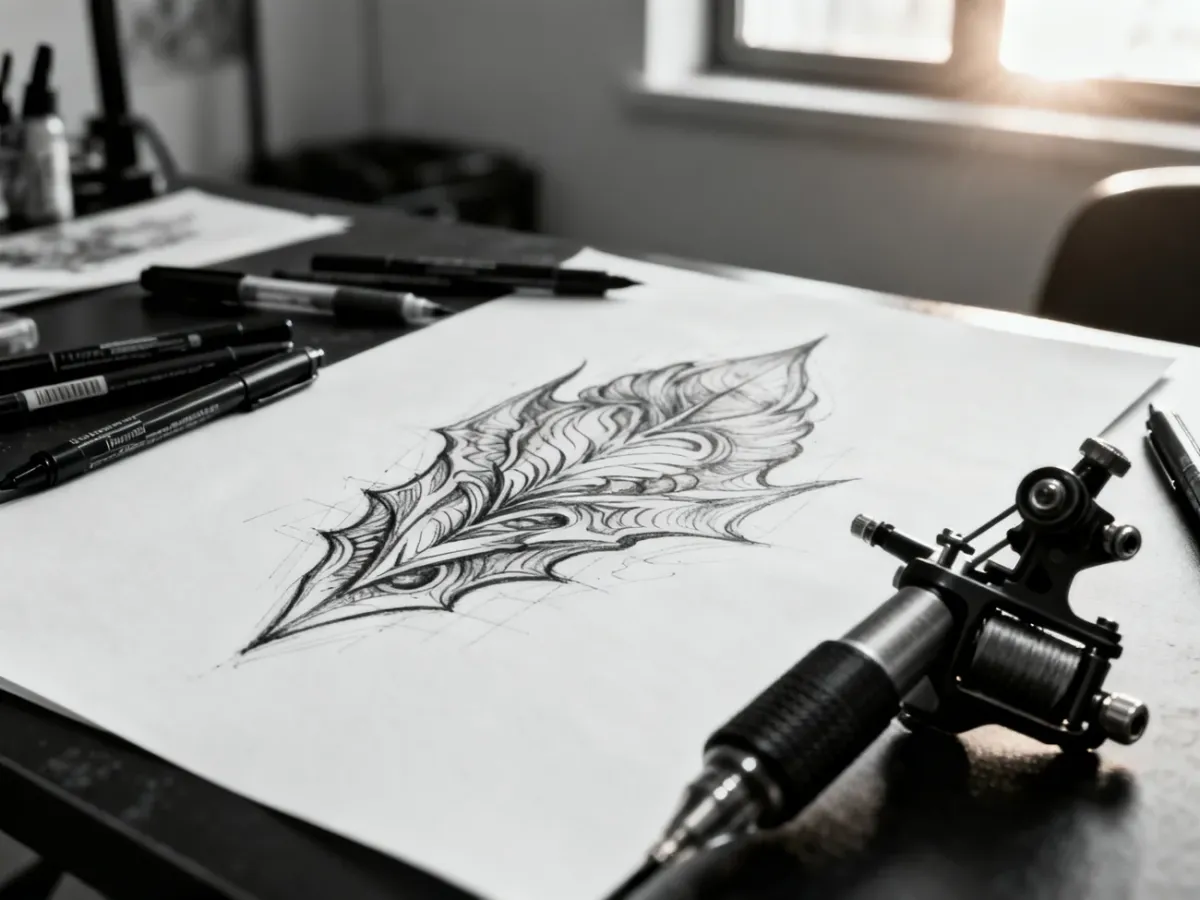 Szkic projektu tatuażu w stylu sketch na papierze, otoczony przyborami kreślarskimi i maszynką do tatuażu.