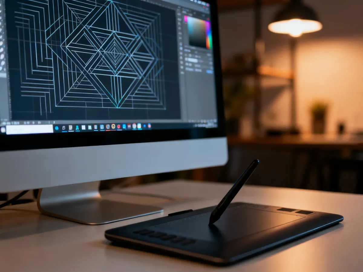 Stanowisko pracy grafika z monitorem wyświetlającym złożone wzory wektorowe w programie Illustrator.