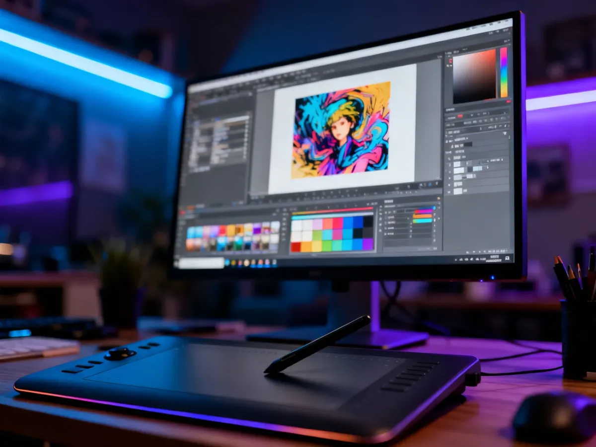 Stanowisko grafika z monitorem wyświetlającym projekt w Photoshopie oraz tabletem graficznym w przytulnym studio.