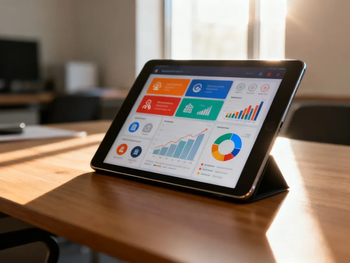 Nowoczesny tablet na biurku prezentujący przejrzystą infografikę z wykresami i ikonami.