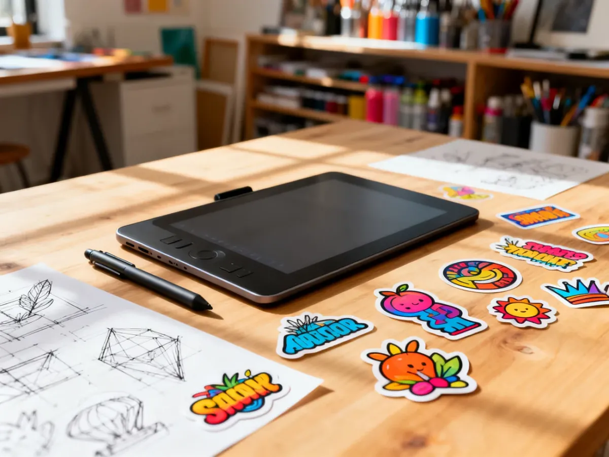 Profesjonalne stanowisko pracy projektanta z tabletem graficznym i szkicami naklejek na drewnianym biurku.