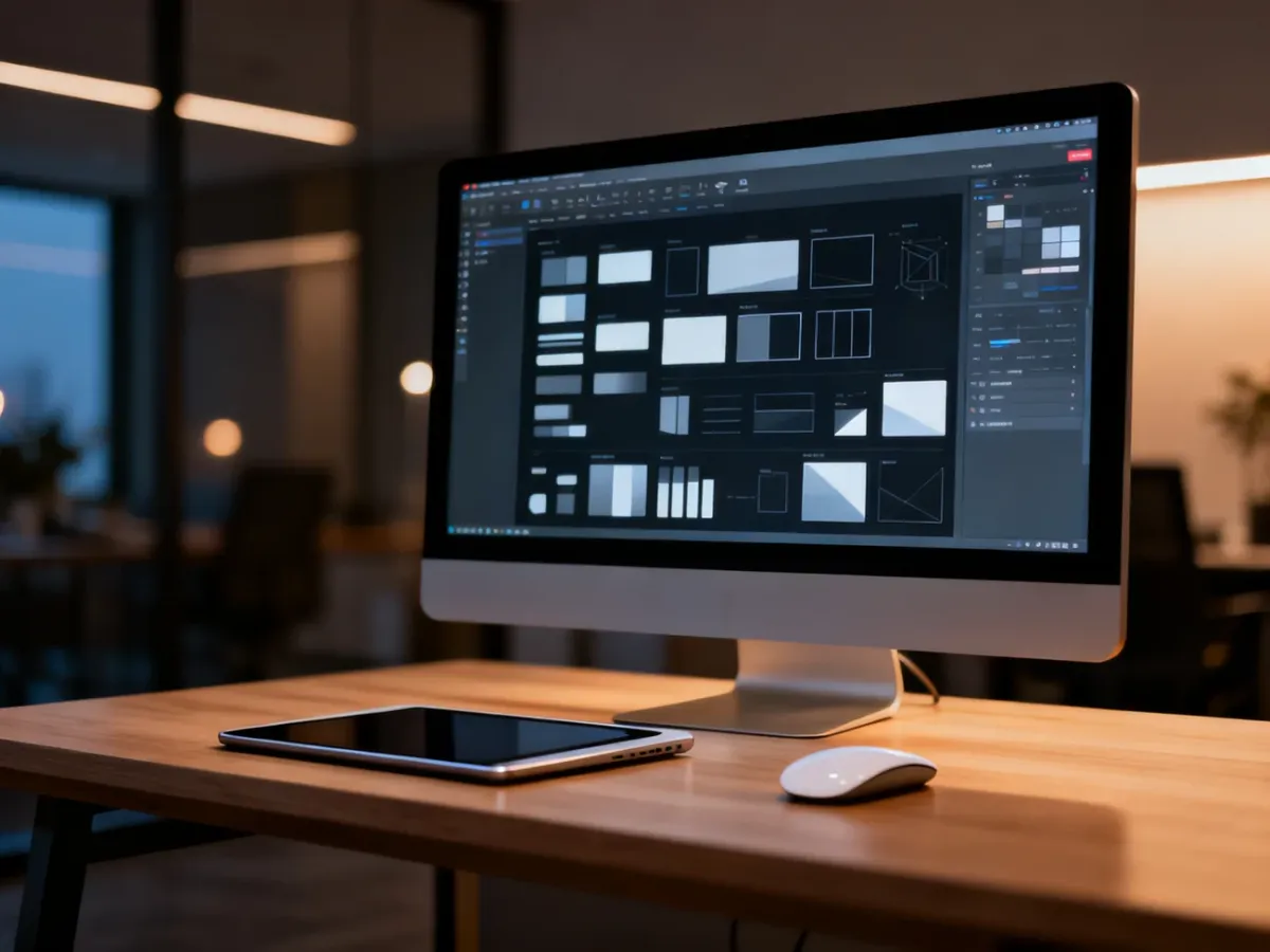 Nowoczesne stanowisko pracy projektanta UI/UX z monitorem wyświetlającym system projektowy i komponenty Shadcn.