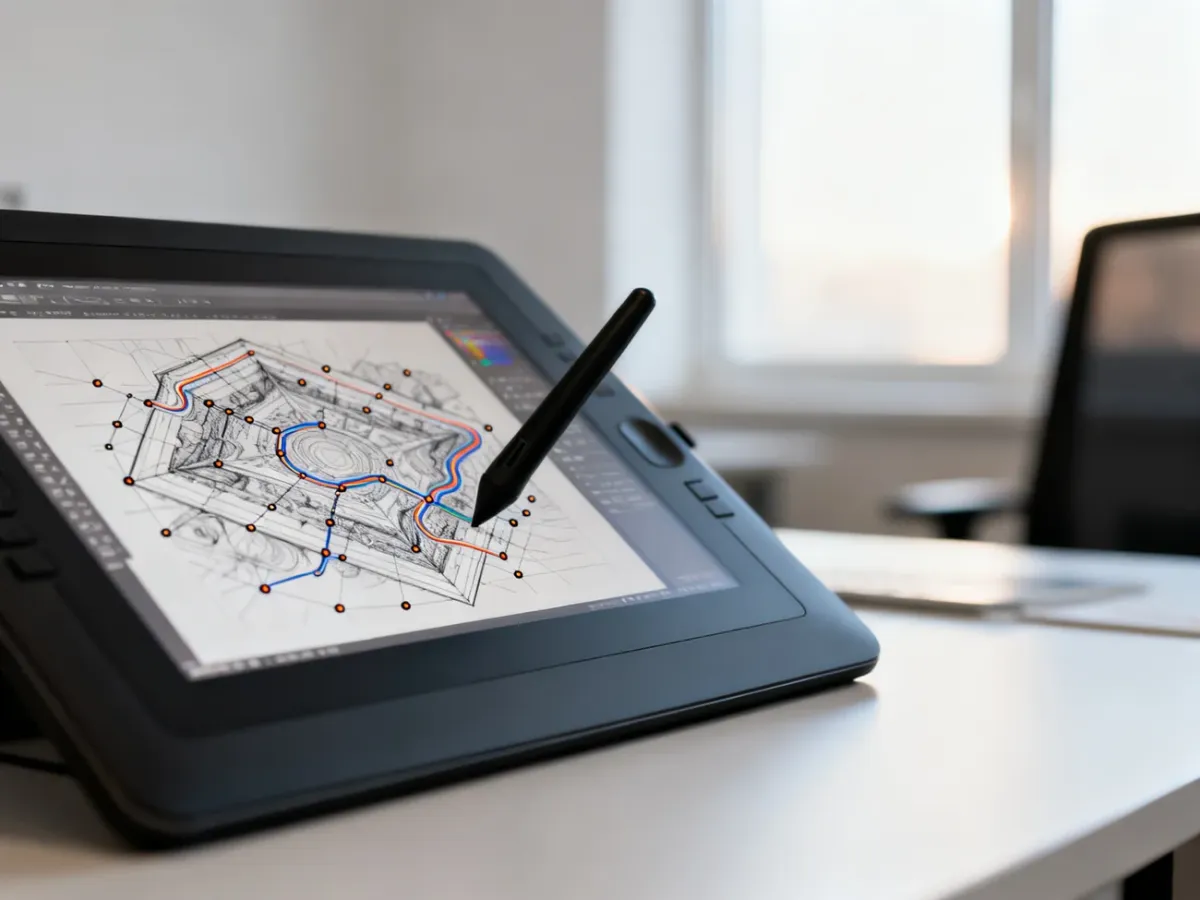 Tablet graficzny z wyświetloną szczegółową grafiką wektorową z widocznymi punktami kontrolnymi w nowoczesnym studiu.