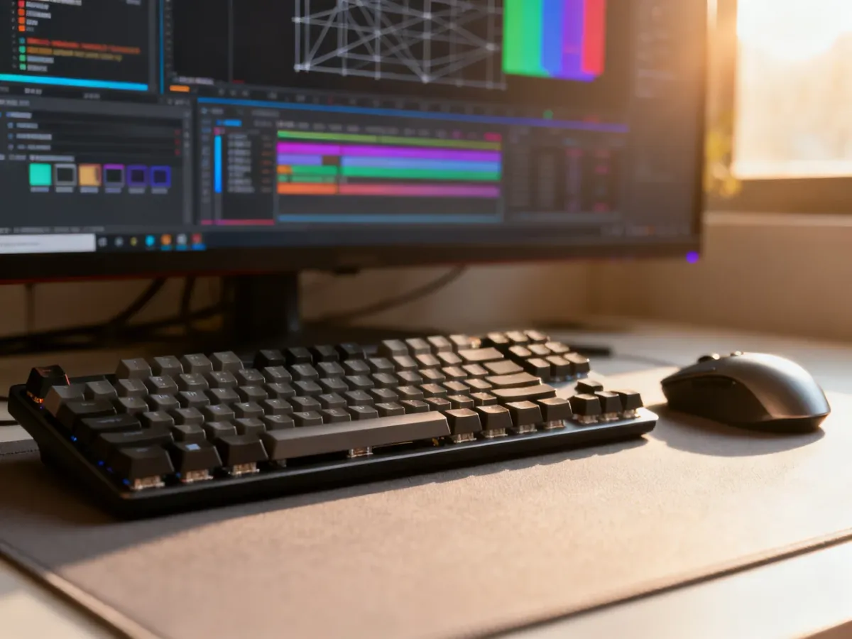 Nowoczesne stanowisko pracy z klawiaturą i myszką, na którego ekranie widoczny jest interfejs projektowy w programie Figma.