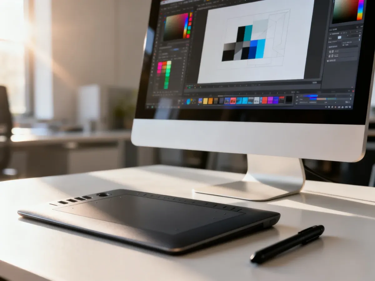 Profesjonalne stanowisko pracy grafika z tabletem i otwartym programem do edycji zdjęć na monitorze.