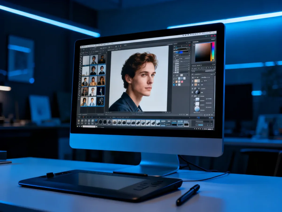 Profesjonalne stanowisko graficzne z monitorem wyświetlającym interfejs Photoshopa oraz tabletem graficznym.