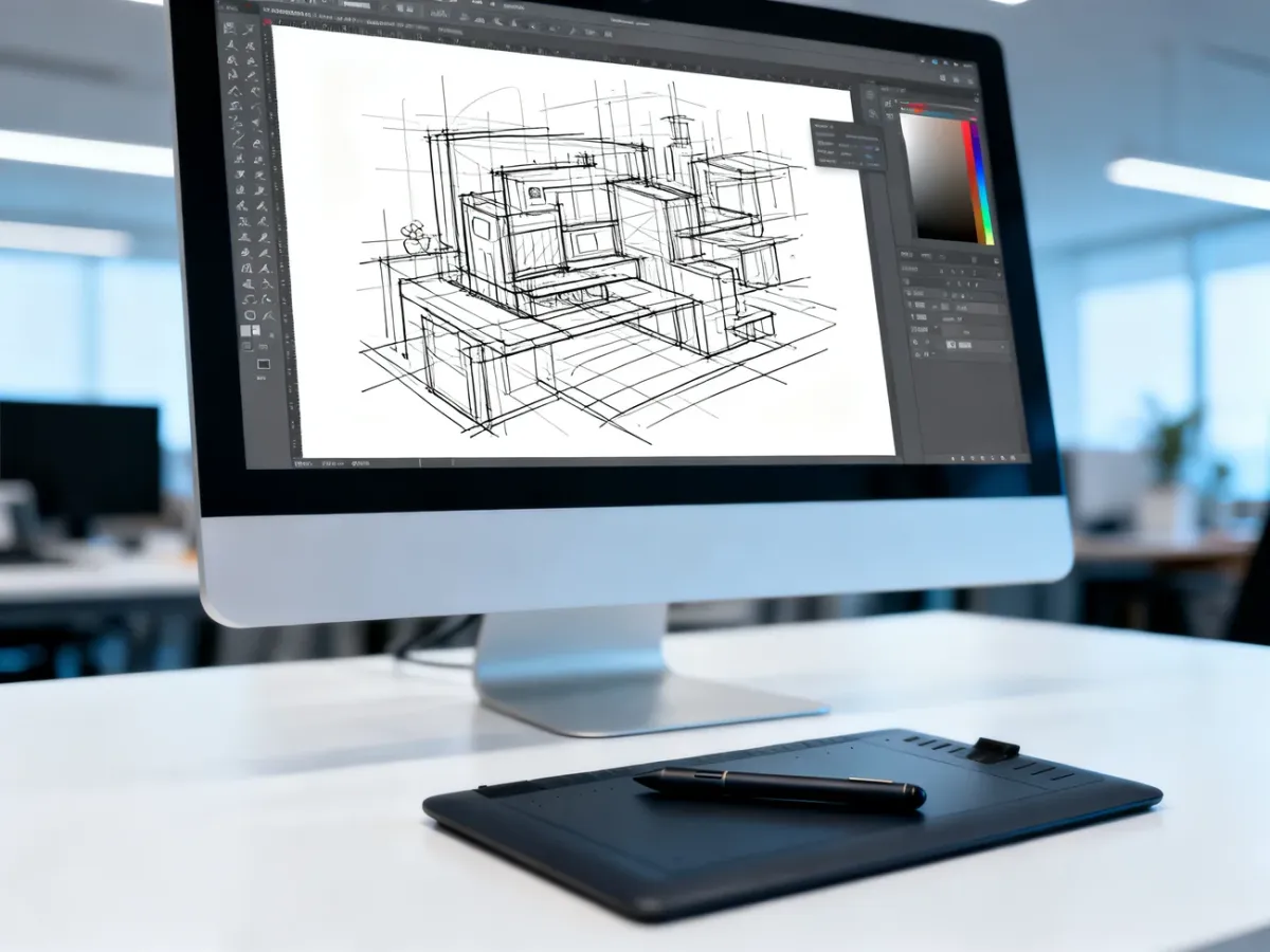 Ekran monitora z otwartym programem Adobe Illustrator podczas procesu wektoryzacji odręcznego szkicu za pomocą funkcji trace.