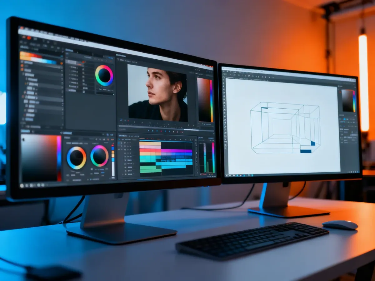 Stanowisko pracy z dwoma monitorami wyświetlającymi interfejsy zaawansowanych programów do edycji grafiki.