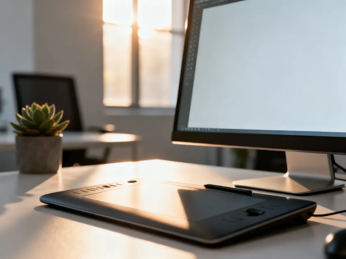 Profesjonalne stanowisko pracy grafika z tabletem i monitorem wyświetlającym czyste płótno w programie Photoshop.