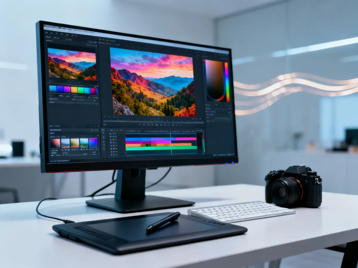 Stanowisko pracy fotografa z monitorem do edycji zdjęć, tabletem graficznym i aparatem, ilustrujące proces obróbki graficznej.