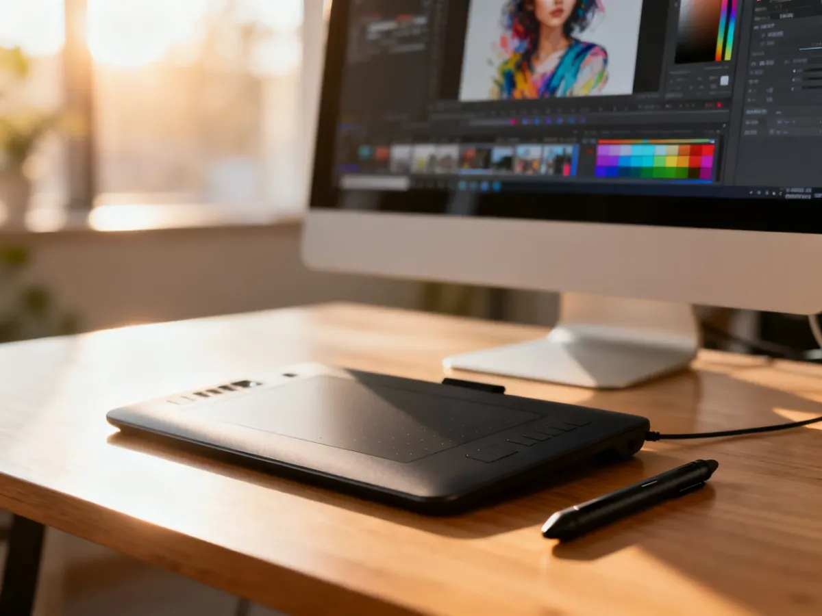 Tablet graficzny z piórkiem na biurku, w tle monitor z otwartym programem do edycji grafiki.