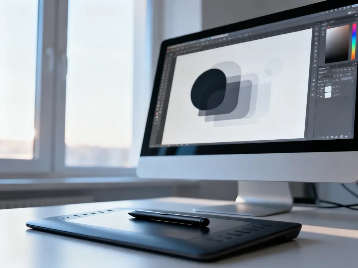 Interfejs programu Adobe Illustrator na monitorze z otwartym projektem wektorowym oraz tablet graficzny na biurku.
