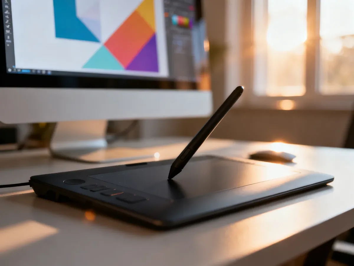 Stanowisko pracy grafika z tabletem piórkowym i monitorem wyświetlającym interfejs programu Adobe Illustrator.