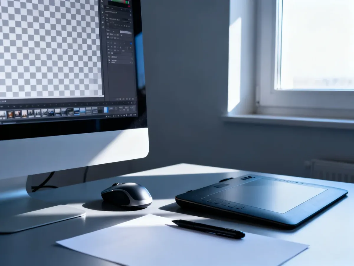 Monitor z otwartym programem graficznym i przezroczystym tłem, obok którego leży tablet graficzny oraz myszka.