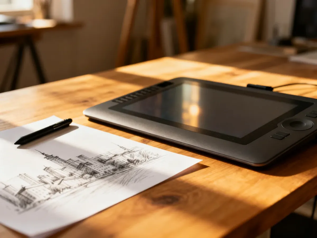 Tablet graficzny i szkicownik z rysunkiem miejskiego krajobrazu na biurku w słonecznej pracowni artystycznej.