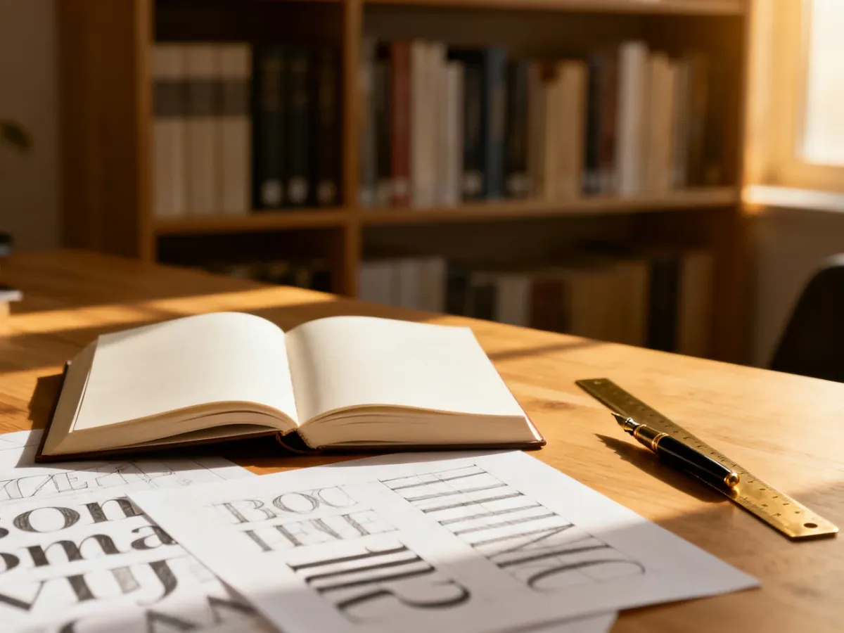 Otwarte książki, pióro i szkice typograficzne na drewnianym biurku, symbolizujące proces projektowania publikacji.