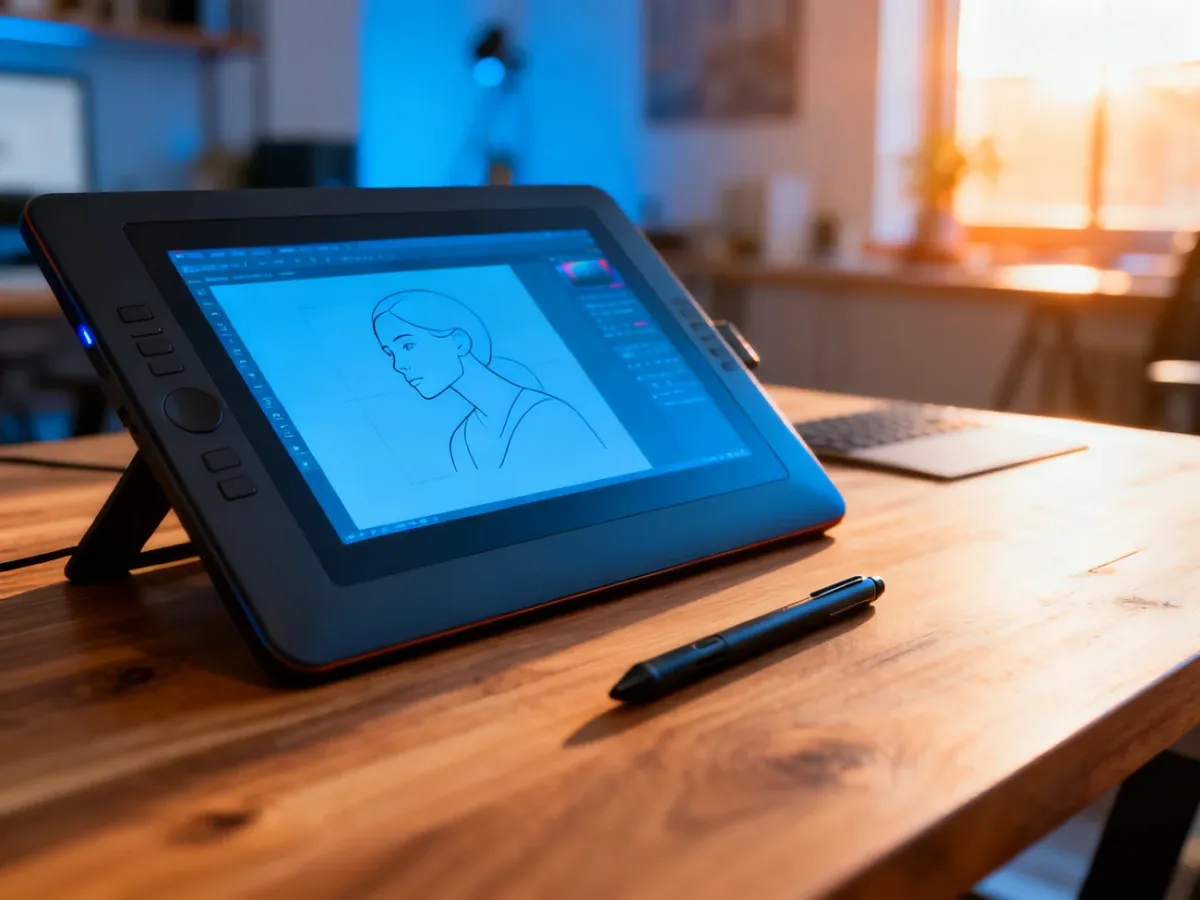 Stanowisko pracy grafika z tabletem piórkowym i otwartym programem Adobe Illustrator na ekranie komputera.