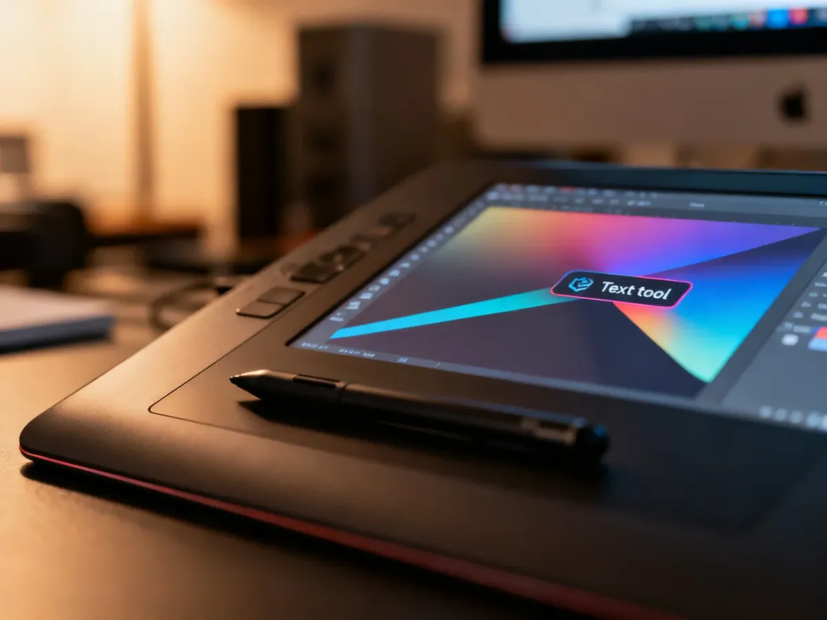 Tablet graficzny z rysikiem i otwartym interfejsem programu graficznego z widoczną ikoną narzędzia tekstowego.