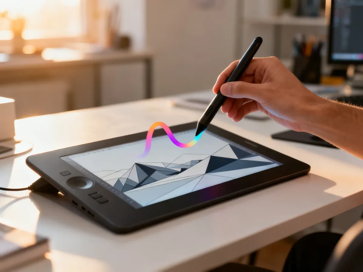 Tablet graficzny z rysikiem tworzącym linię wektorową w nowoczesnym studiu. Ilustracja przedstawia proces tworzenia grafiki.