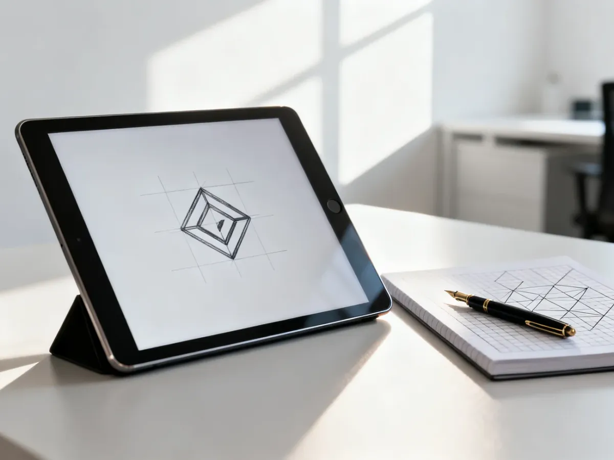 Stanowisko pracy grafika z tabletem wyświetlającym szkic logo, notatnikiem z siatką geometryczną i piórem.