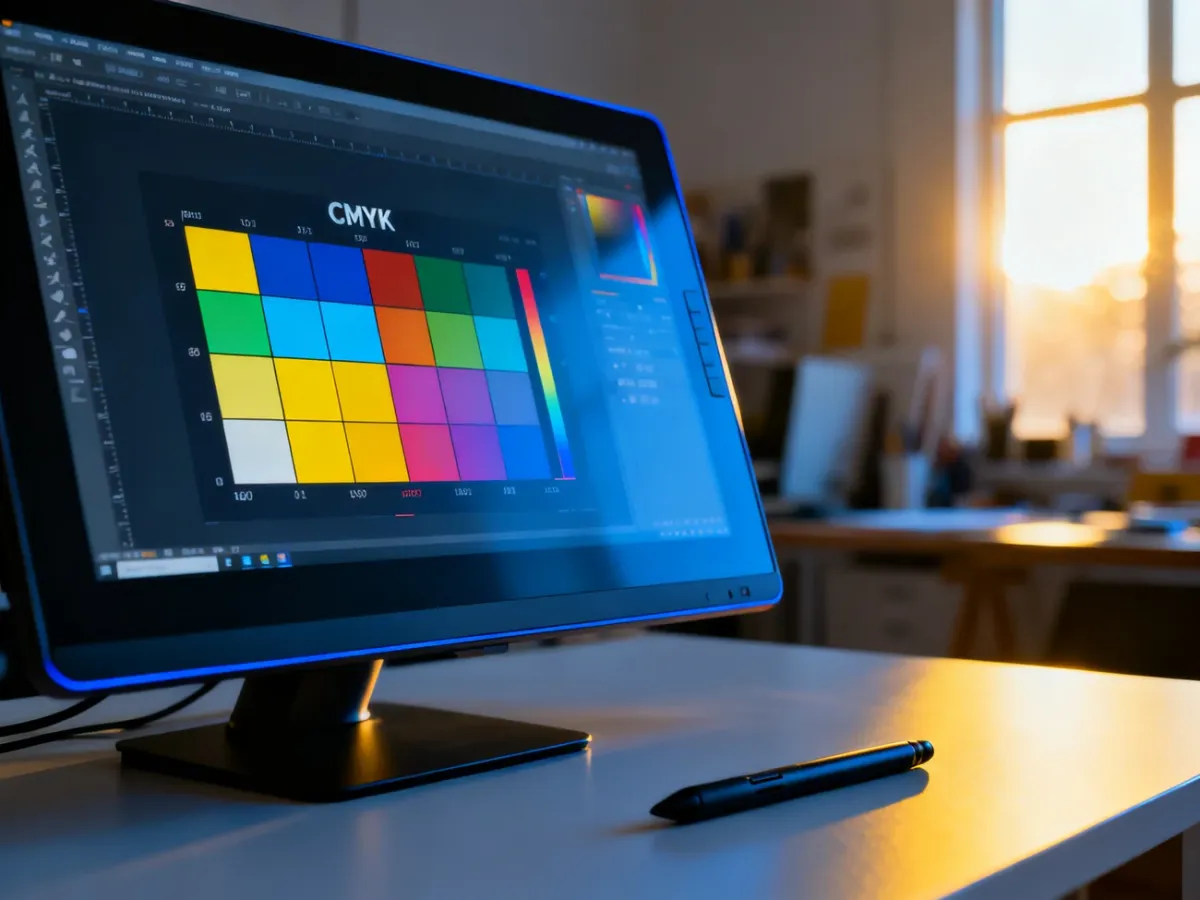 Profesjonalne stanowisko grafika z monitorem wyświetlającym profil kolorów CMYK i znaczniki cięcia, przygotowane do druku.