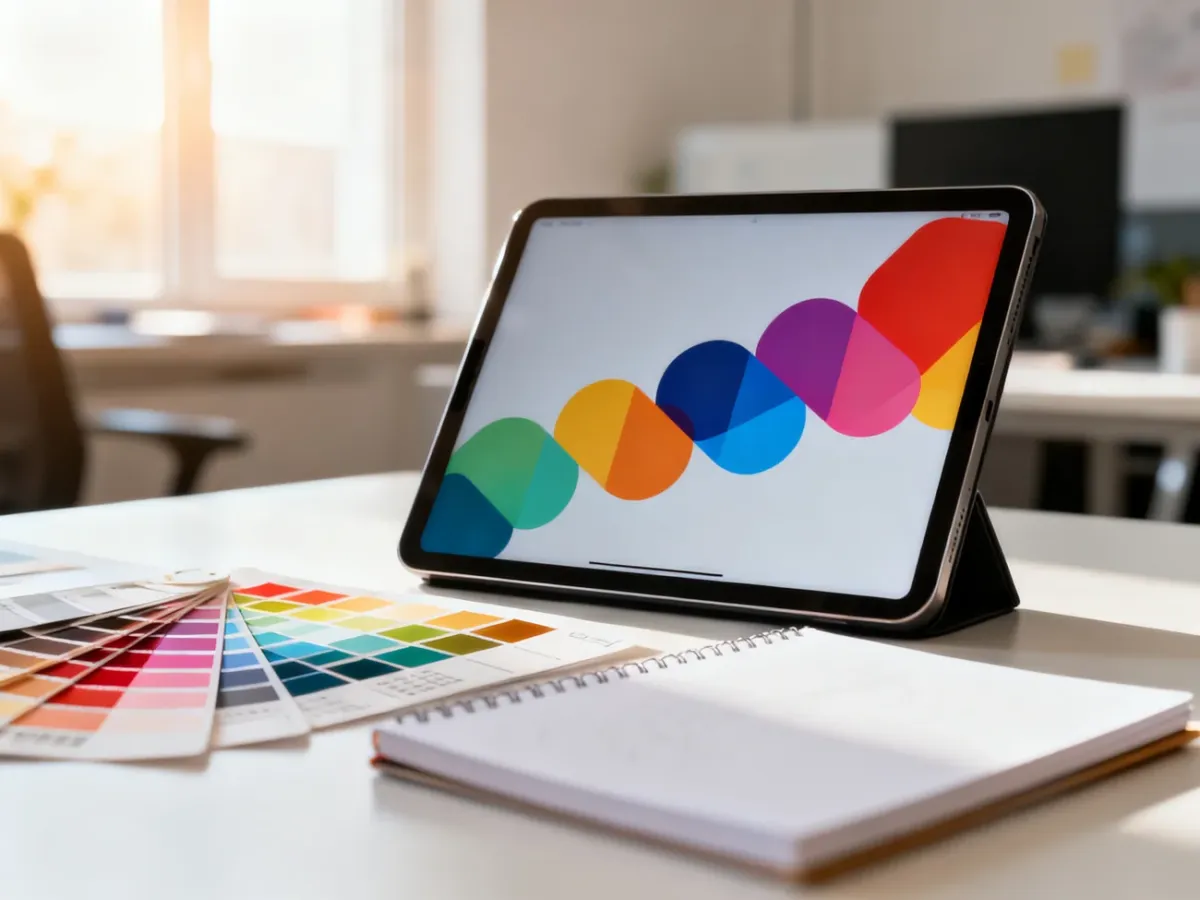 Nowoczesne stanowisko projektanta z tabletem prezentującym identyfikację wizualną marki i próbnikami kolorów Pantone.
