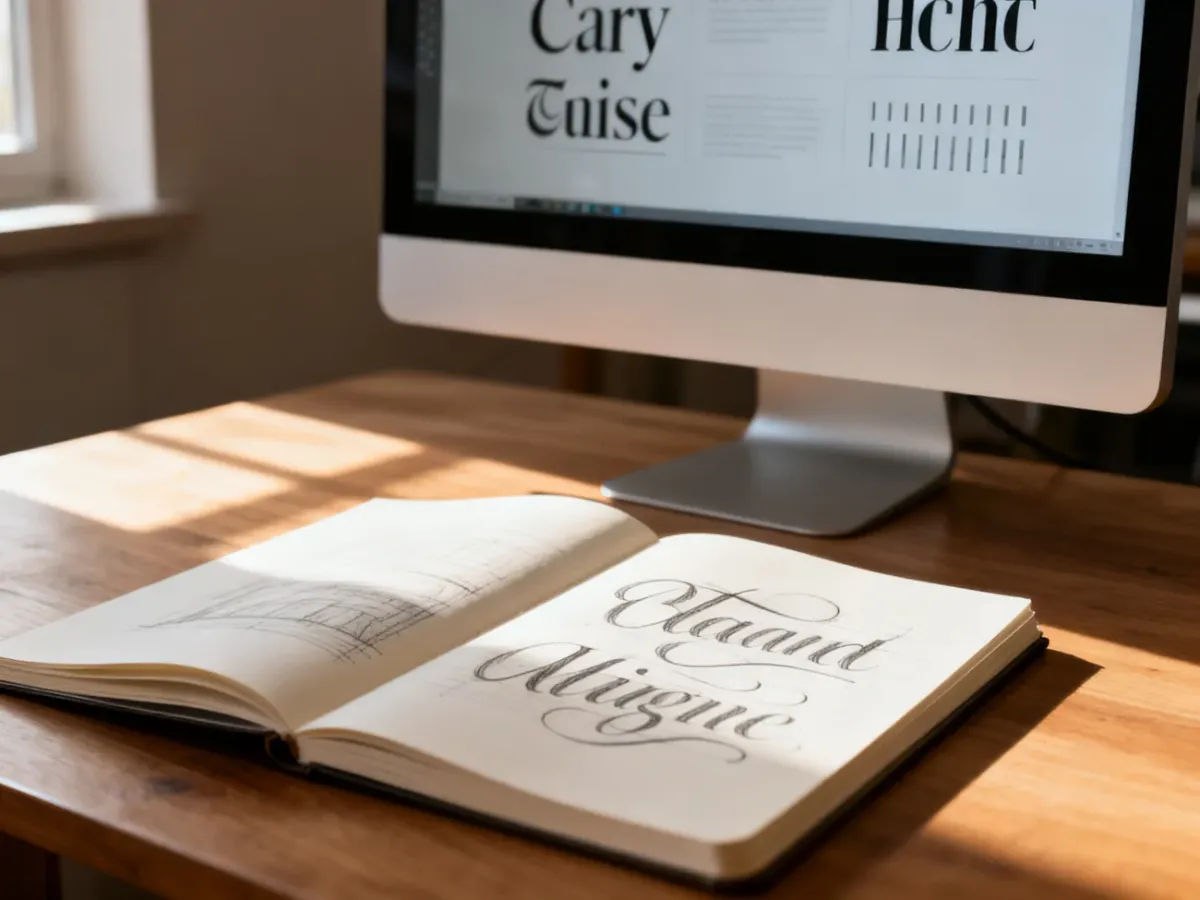 Szkicownik z projektami typografii oraz monitor z zestawieniem krojów szeryfowych i bezszeryfowych na biurku projektanta.