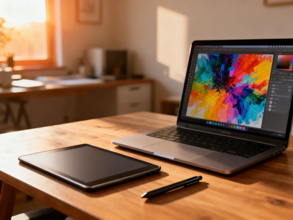 Stanowisko pracy grafika z tabletem, rysikiem i laptopem z otwartym programem do edycji grafiki na drewnianym biurku.