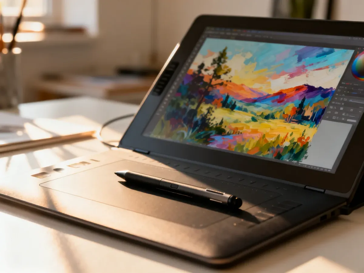 Tablet graficzny z rysikiem na biurku, a na ekranie monitora widoczny jest tworzony cyfrowy krajobraz.
