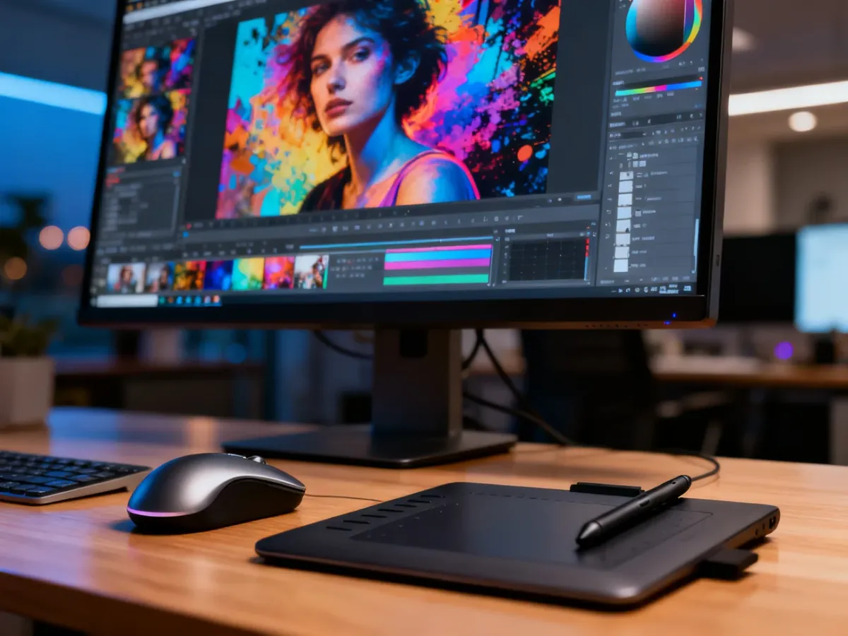 Interfejs programu Photopea na ekranie komputera z tabletem graficznym i myszką na biurku, gotowy do edycji zdjęć.