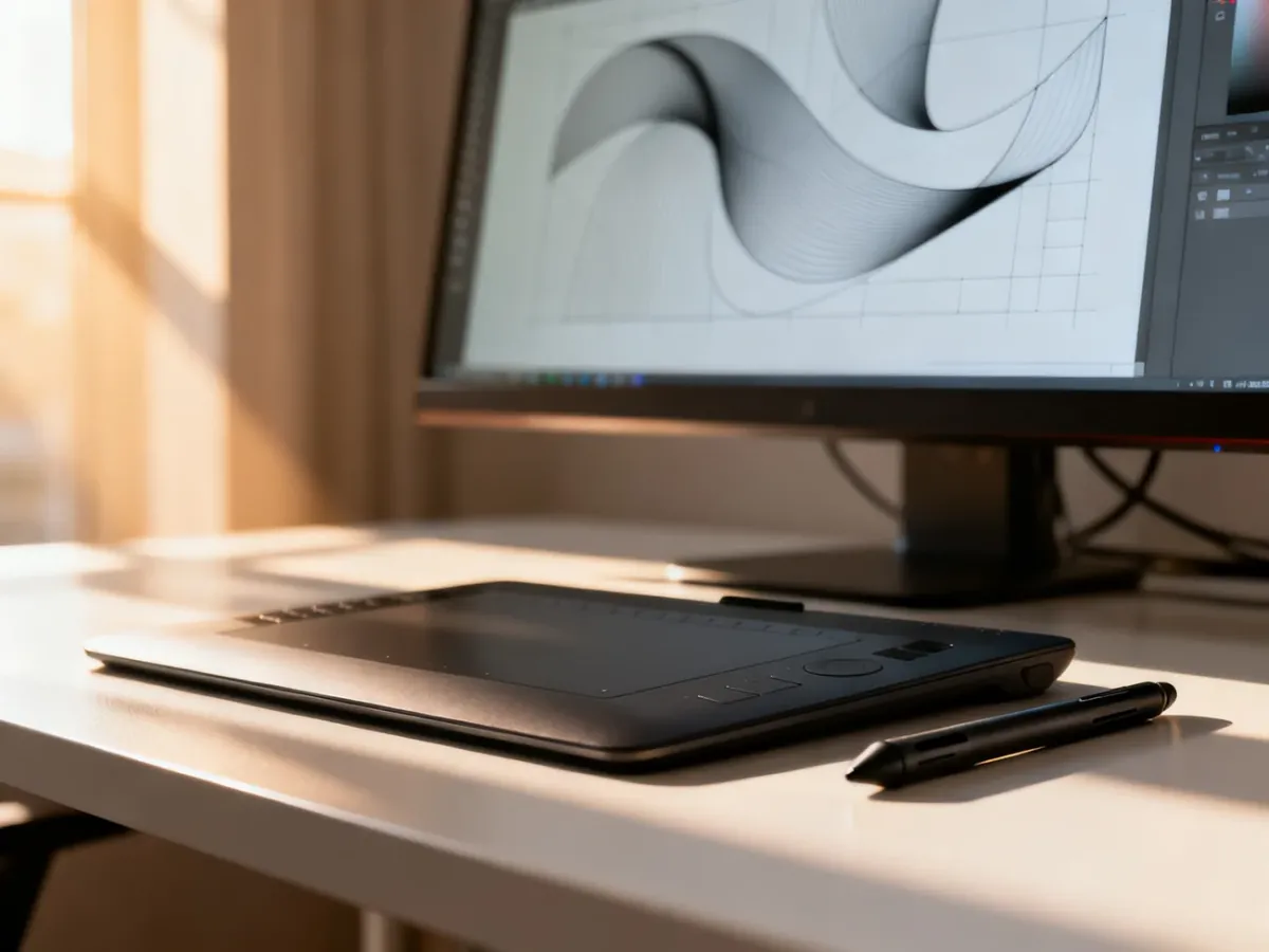 Profesjonalny tablet graficzny z rysikiem na biurku, w tle monitor z projektem grafiki wektorowej.