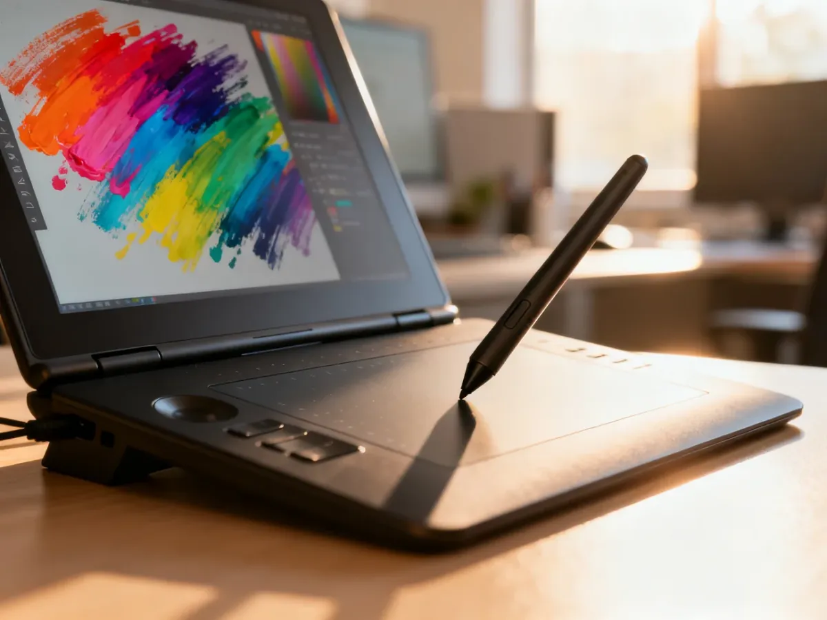 Tablet graficzny z rysikiem na biurku, na którego ekranie widać kolorowe pociągnięcia pędzla podczas cyfrowej obróbki zdjęć.