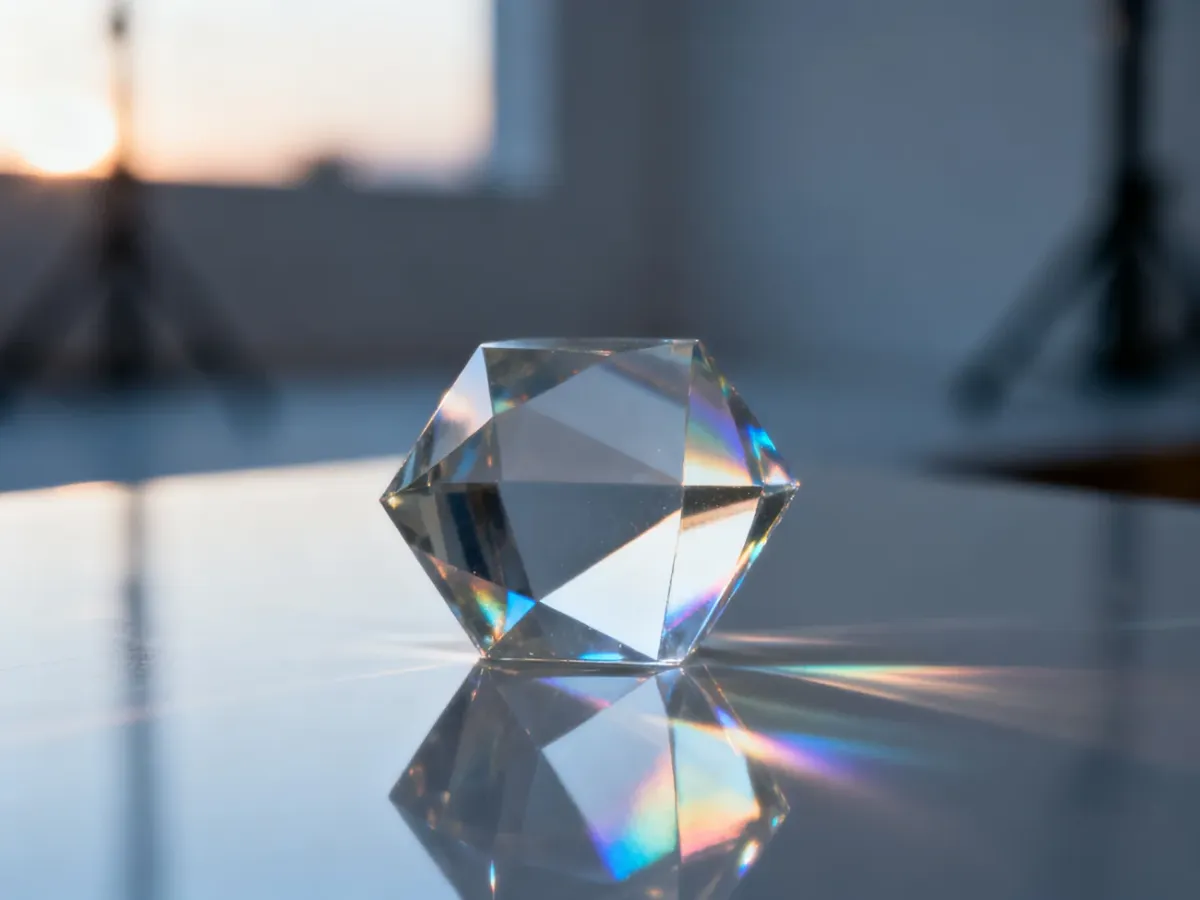 Geometryczny szklany pryzmat załamujący światło, tworzący efekt przejrzystości i refleksów w nowoczesnym stylu.