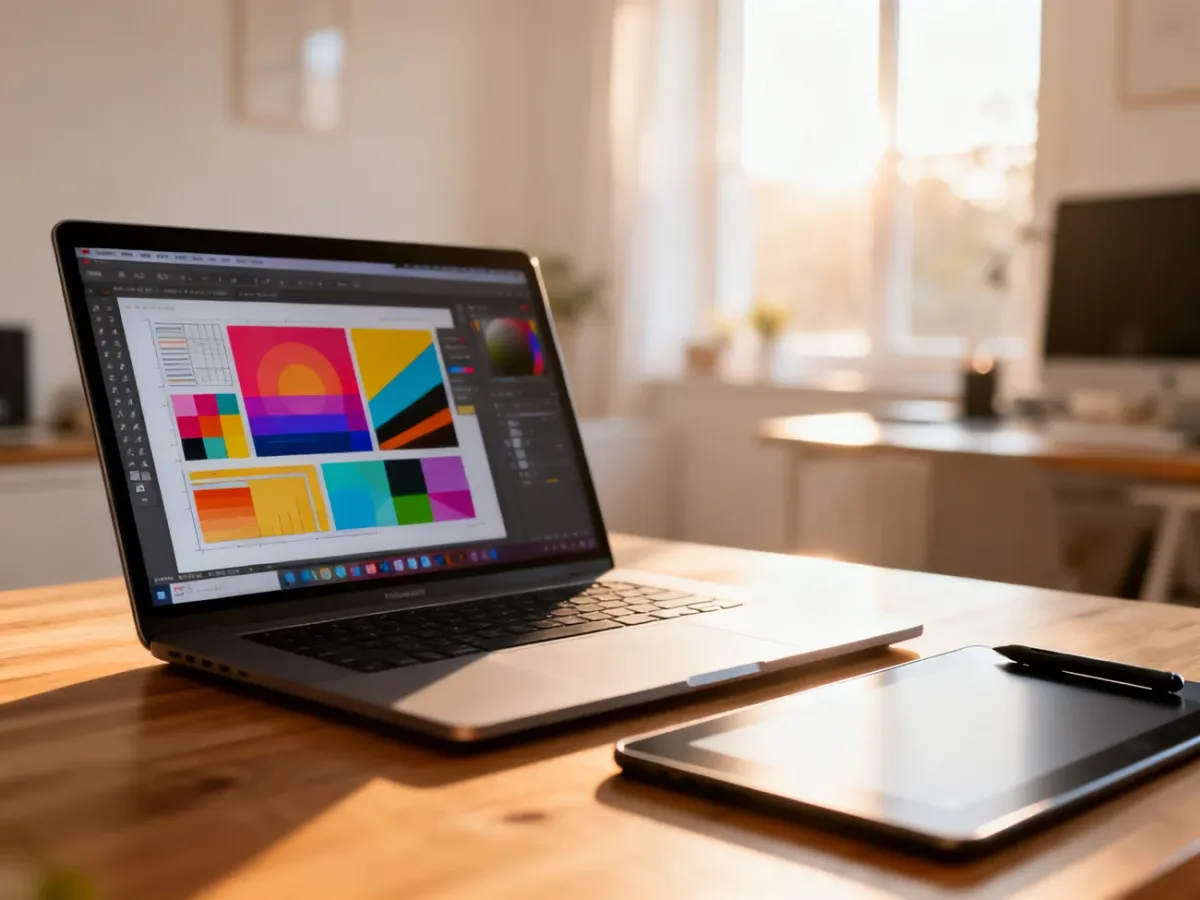 Nowoczesne stanowisko pracy z laptopem i tabletem graficznym, ilustrujące proces tworzenia projektów w programie Canva.
