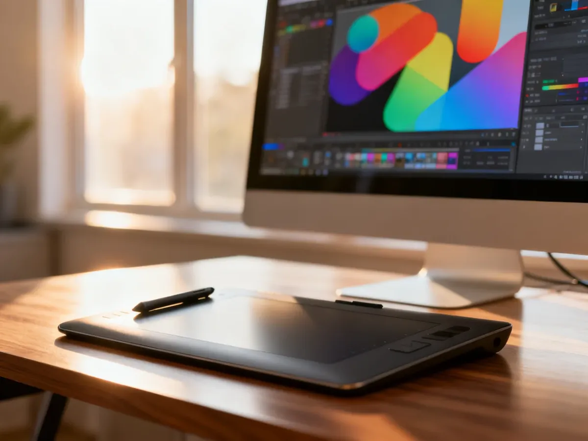 Profesjonalne stanowisko grafika z tabletem i stylusem na tle monitora z otwartym programem Adobe Illustrator.