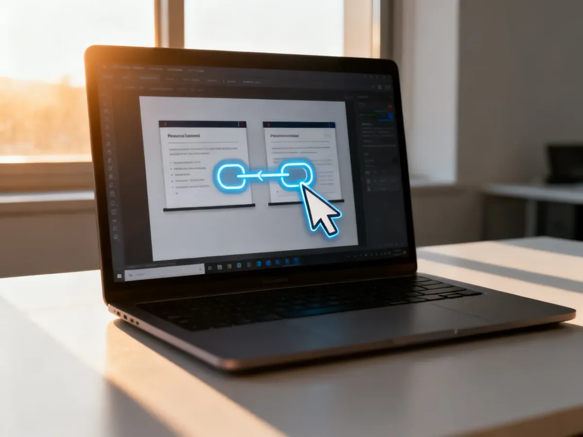 Nowoczesny laptop z otwartym interfejsem prezentacji, na którym kursor wskazuje ikonę łącza między slajdami.