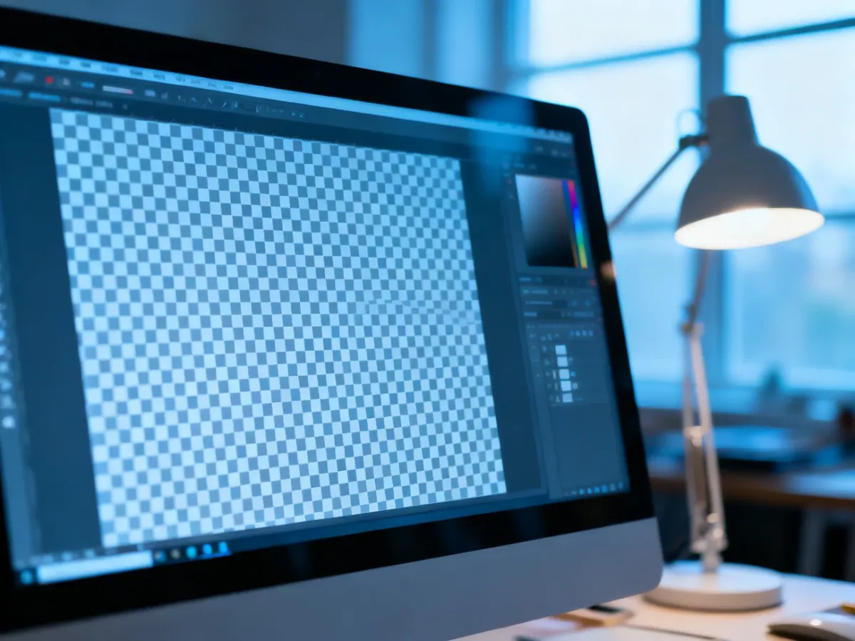 Monitor z otwartym programem graficznym, na którym widoczny jest szachownicowy wzór oznaczający przezroczyste tło.