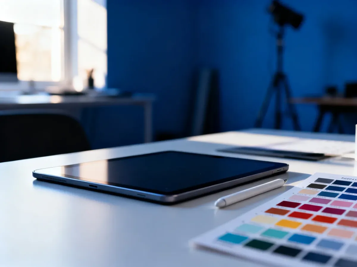 Nowoczesne stanowisko pracy grafika z tabletem i wzornikiem kolorów, symbolizujące profesjonalne projektowanie materiałów.