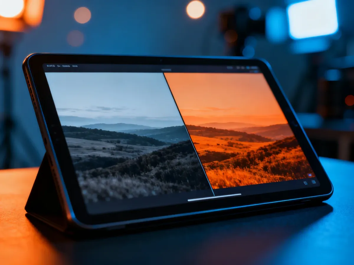 Tablet z porównaniem zdjęcia przed i po retuszu, pokazujący różnicę między surowym plikiem a gotową obróbką.