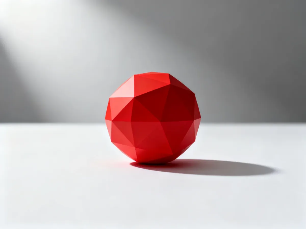 Czerwona geometryczna kula na białym tle, stanowiąca wyraźny punkt uwagi w minimalistycznej kompozycji graficznej.