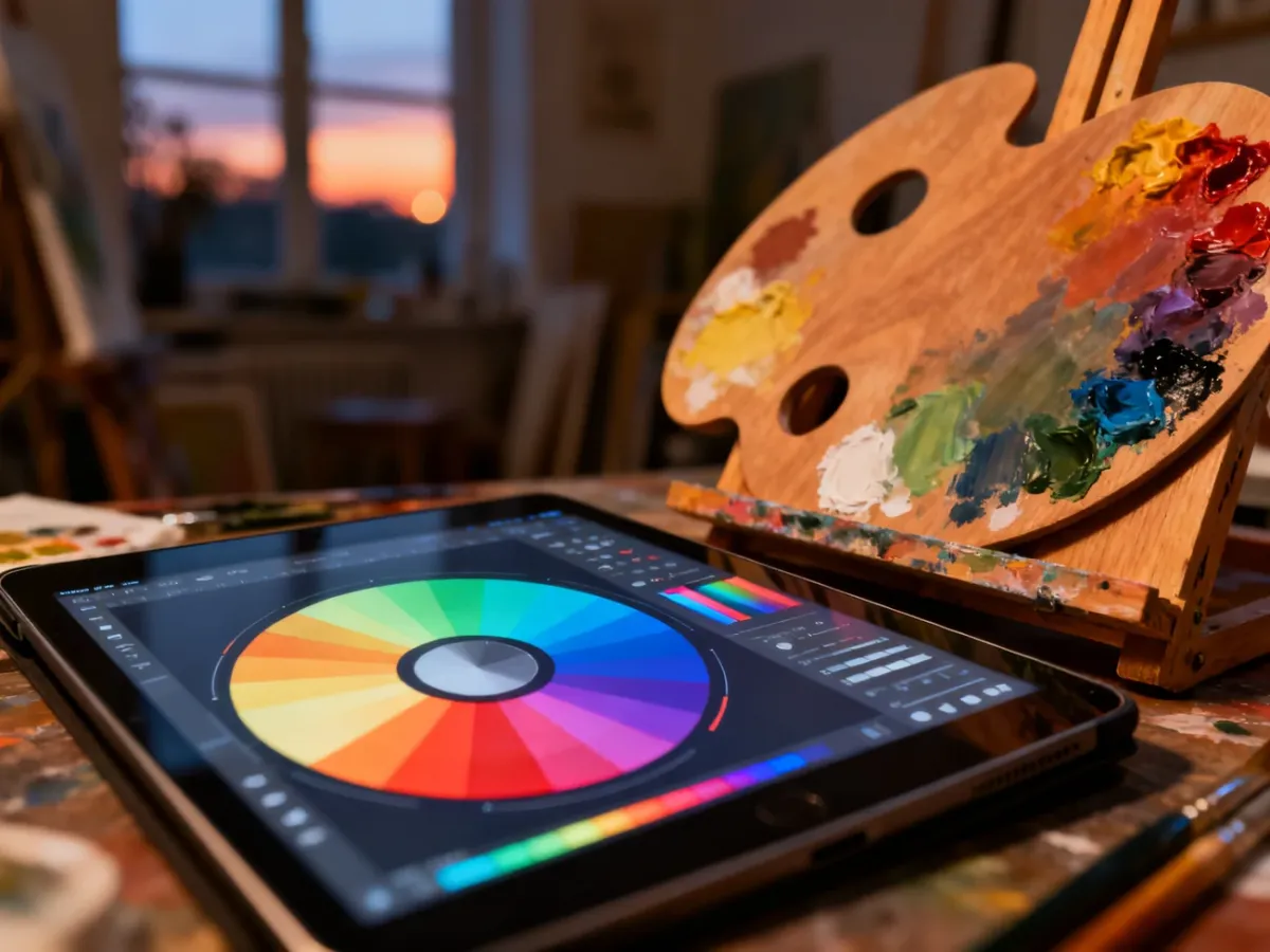 Tablet graficzny z kołem barw obok palety malarskiej, symbolizujący cyfrową edycję kolorów w programie GIMP.